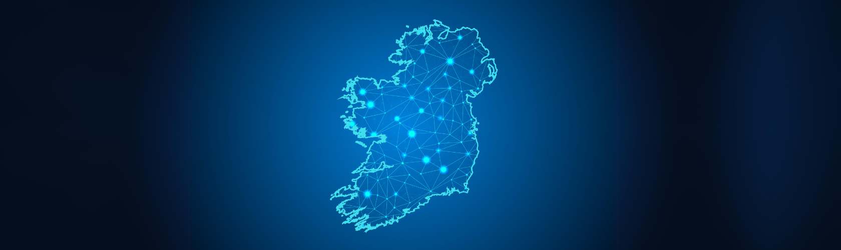 Abstract mash line and point scales on dark background with Map of ireland.